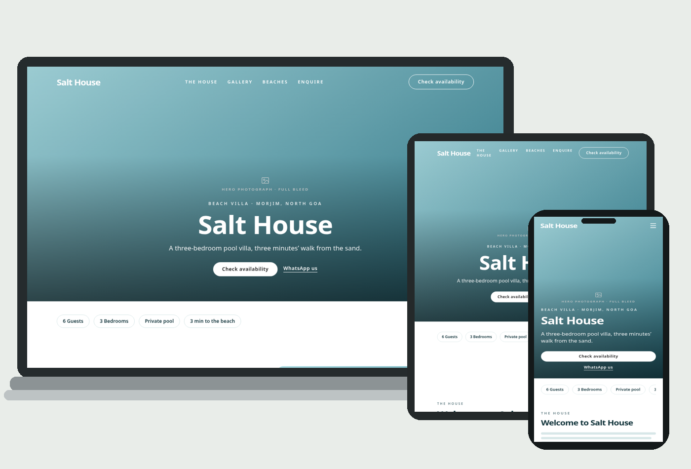 Coastal website design preview on laptop, tablet and phone