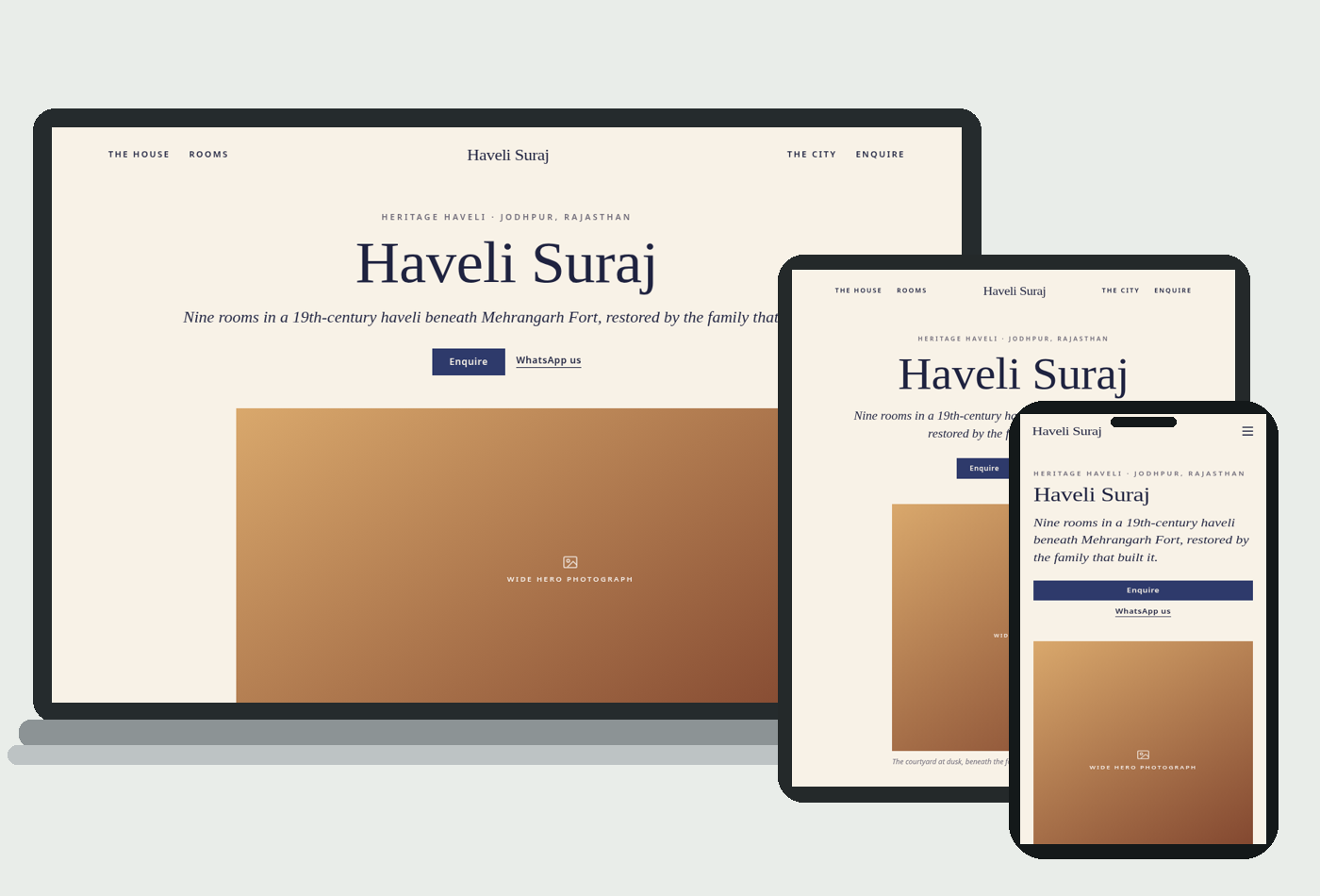 Heritage website design preview on laptop, tablet and phone