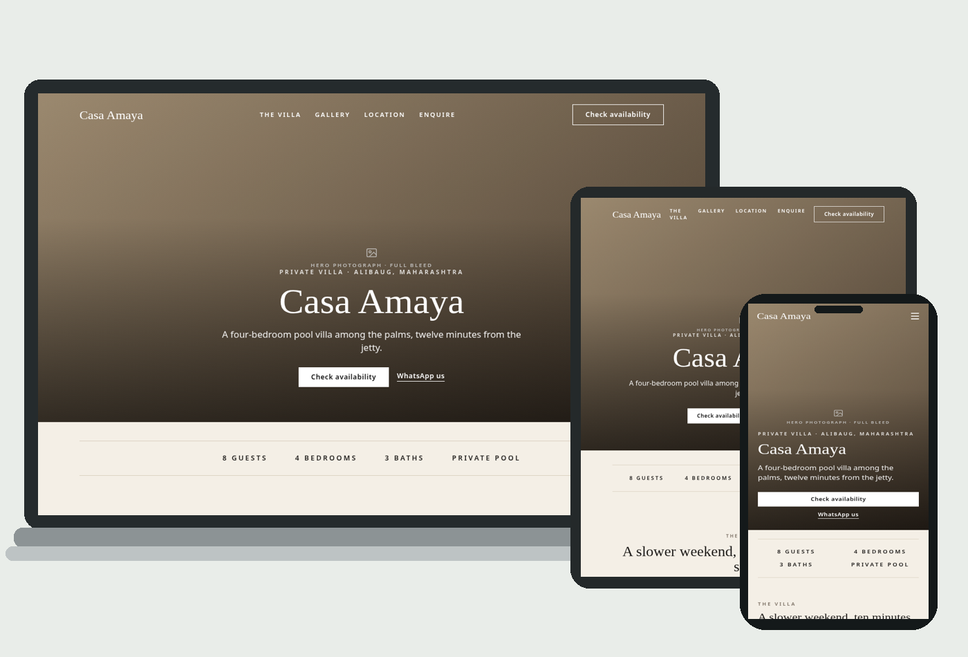Luxury website design preview on laptop, tablet and phone