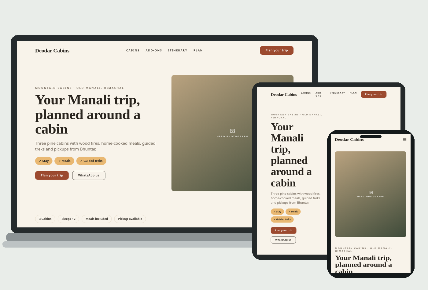 Mountain website design preview on laptop, tablet and phone